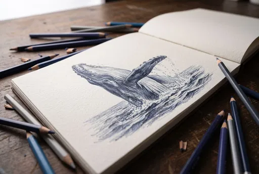 Blue Pencil Whale Drawing in Sketchbook
