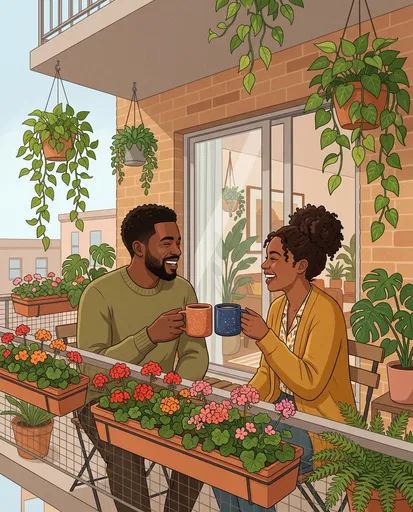 Black Couple Drinking Coffee on Balcony Illustration