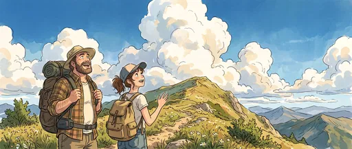 Cheerful Hikers Looking at Mountain Clouds