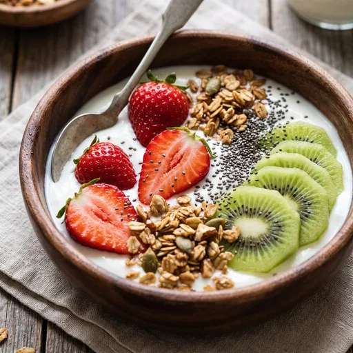 Wooden Bowl with Yogurt and Fruit