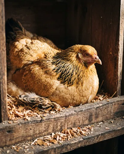 Buff Brahma Hen in Nesting Box