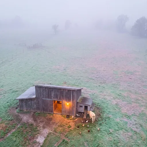 Aerial View of Misty Barn at Twilight