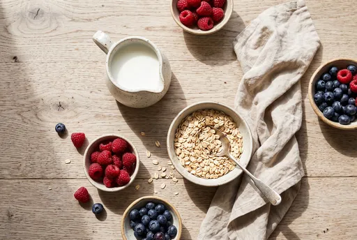 Overhead Breakfast Table With Milk and Oats