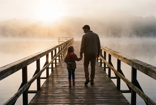 Father and Daughter on Misty Pier