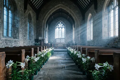Stone Chapel Aisle With Easter Lilies