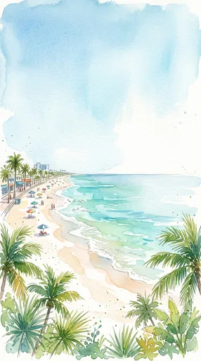 Watercolor Tropical Beach Coastline Illustration