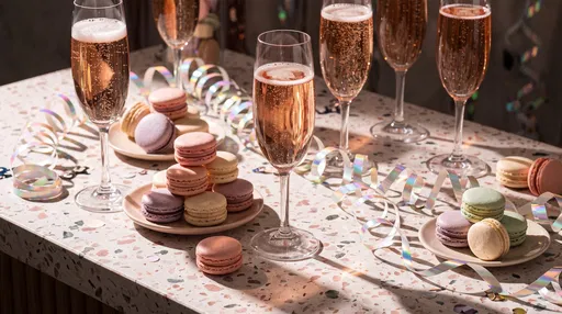 Rose Champagne and Pastel Macarons on Terrazzo
