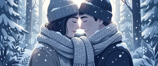 Couple Sharing Scarf in Winter Forest