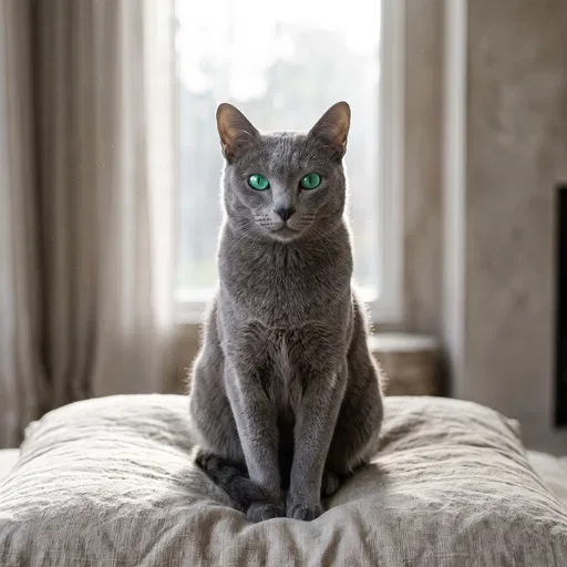 Gray Cat With Green Eyes on Cushion