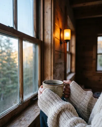 Hands Holding Steaming Coffee in Cabin