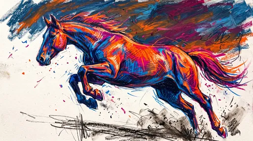 Vibrant Oil Pastel Drawing of Jumping Horse
