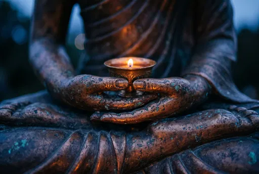 Bronze Buddha Hands Holding Lit Lamp