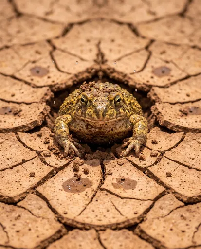 Toad Emerging From Cracked Desert Mud