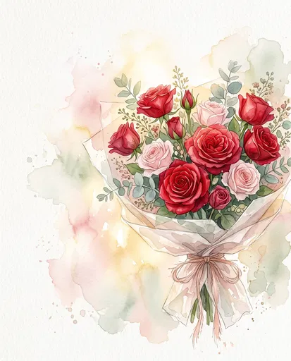 Watercolor Red and Pink Rose Bouquet