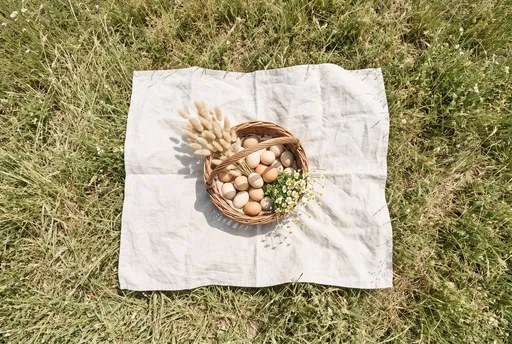 Wicker Basket Of Eggs On Meadow Blanket