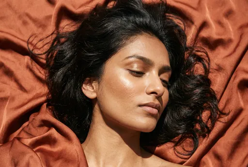 Woman Lying on Terracotta Silk Fabric