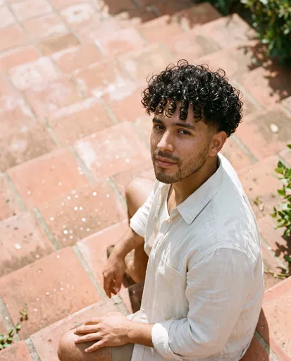 Young Man With Curly Hair on Steps
