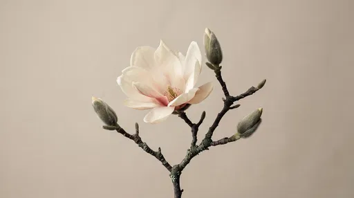 Blooming Magnolia Branch on Neutral Background