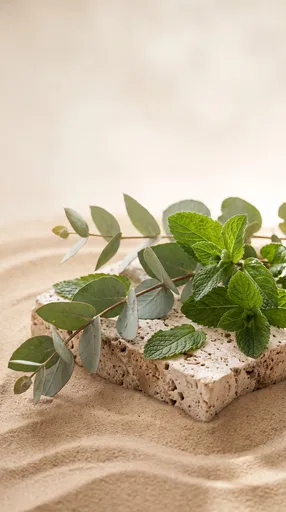 Eucalyptus and Mint on Travertine Stone