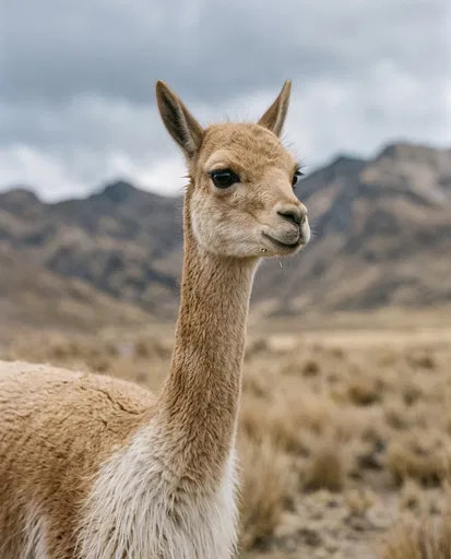 Wild Vicuna Portrait in Highland Landscape