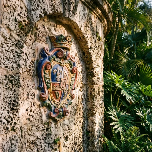 Ceramic Crest on Coral Stone Wall