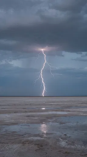 Single Lightning Bolt Over Desert Salt Flats