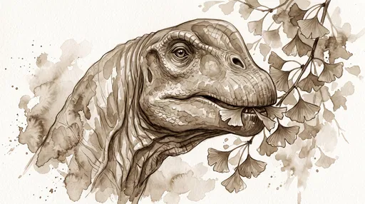 Sepia Watercolor Camarasaurus Eating Ginkgo Leaves