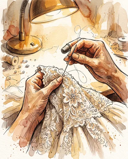 Watercolor Hands Sewing Bridal Lace