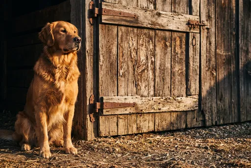 Golden Retriever Beside Rustic Wooden Barn Door