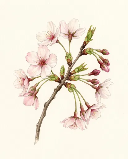 Botanical Watercolor Cherry Blossom Branch Illustration