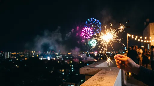 Hand Holding Sparkler at Rooftop Party