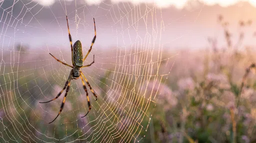 Golden Orb-Weaver Spider on Dewy Web