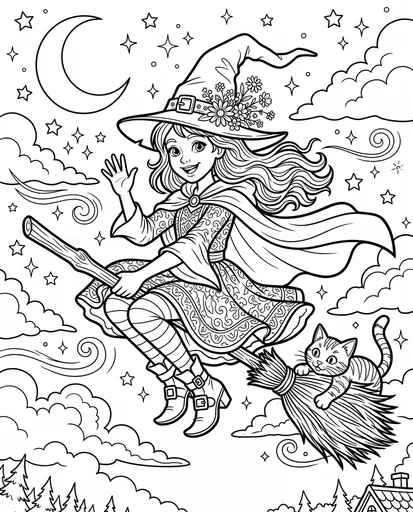 Flying Witch and Cat Coloring Page
