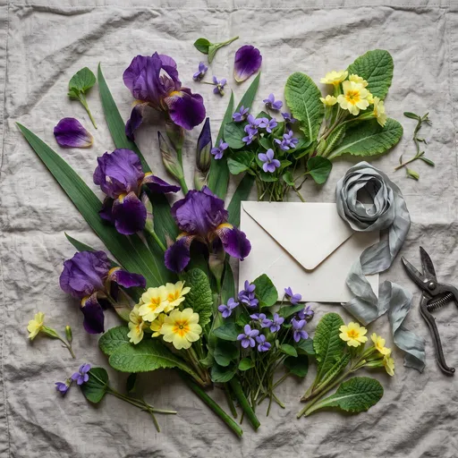 Purple Irises And Primroses Flat Lay
