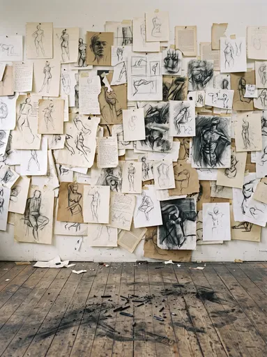Studio Wall Covered in Charcoal Sketches