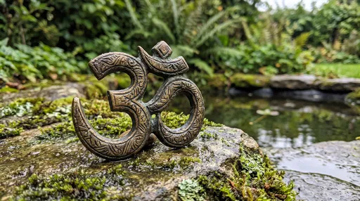 Antique Brass Om Symbol on Mossy Rock