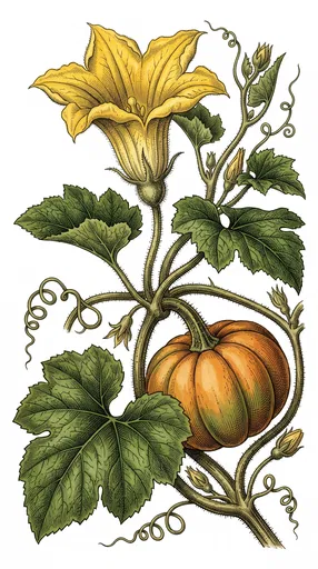 Vintage Botanical Pumpkin and Blossom Illustration