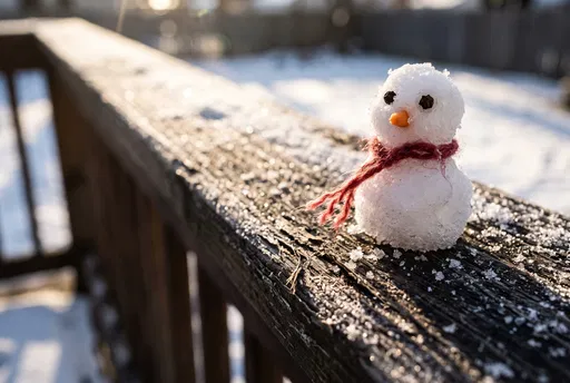 Tiny Snowman on Frosted Wooden Railing