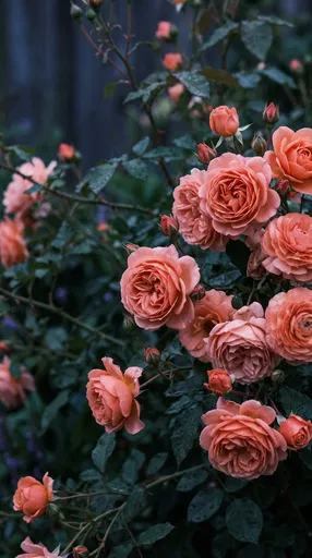 Coral Garden Roses at Twilight