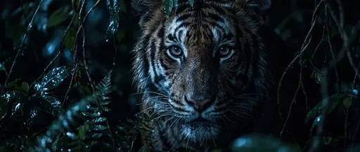 Tiger Peering Through Dark Nocturnal Foliage