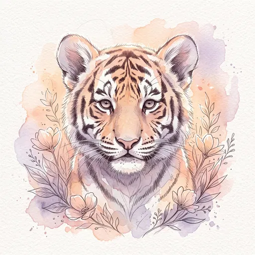 Pastel Watercolor Tiger Cub Floral Portrait