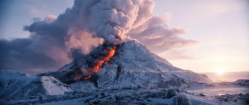 Snowy Volcano Erupting at Sunrise