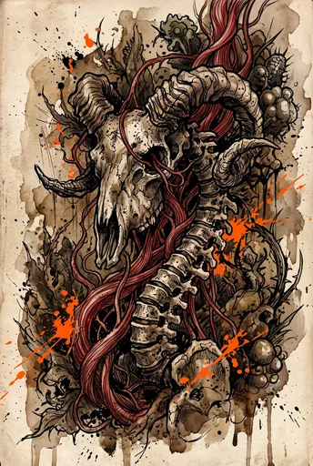 Horned Skull and Spine Mixed-Media Drawing