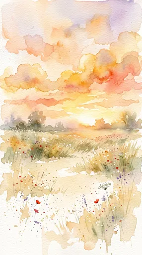 Watercolor Sunset Meadow Landscape Illustration