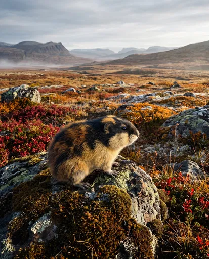 Norway Lemming on Mossy Tundra Rock