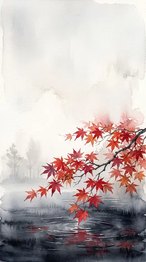 Watercolor Red Maple Branch Over Dark Pond
