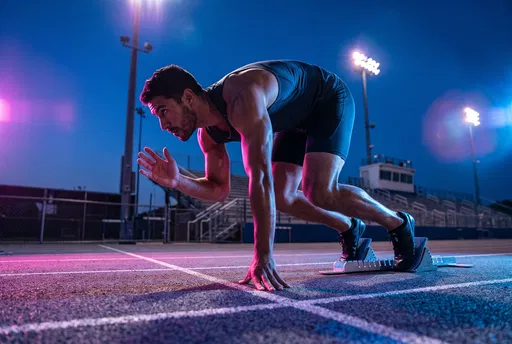 Male Sprinter in Starting Blocks at Dusk