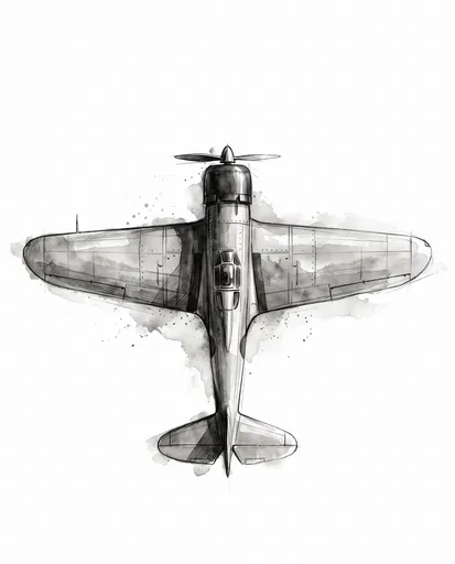 Monochrome Watercolor Vintage Monoplane Top View