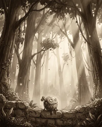 Clockwork Robot Sitting in Sepia Forest