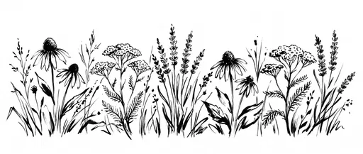 Minimalist Black Ink Meadow Wildflowers Border